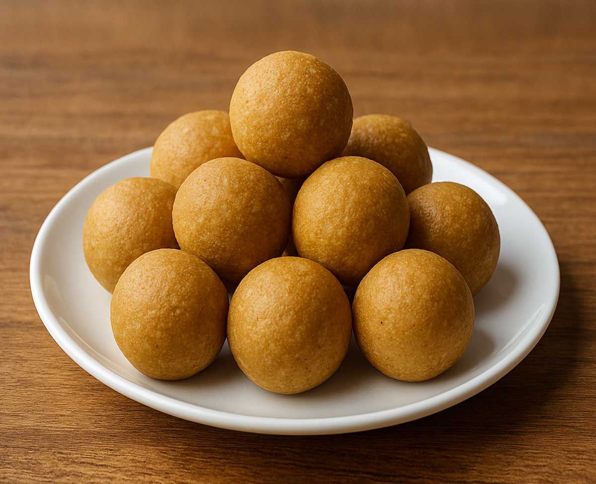 Homemade besan ladoos on a plate, authentic Indian sweet recipe made with gram flour and ghee.