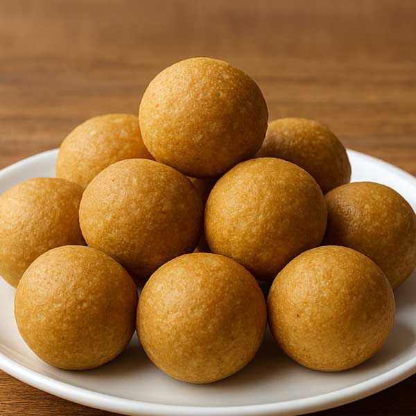 Besan ladoos served on a white plate
