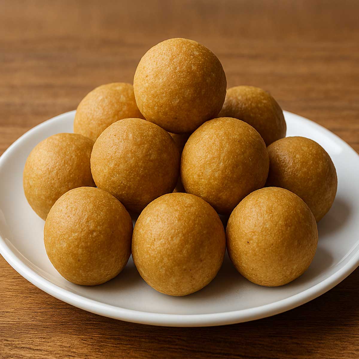 Freshly prepared besan ladoos served on a white plate, perfect for Indian festival sweets or homemade snacks.