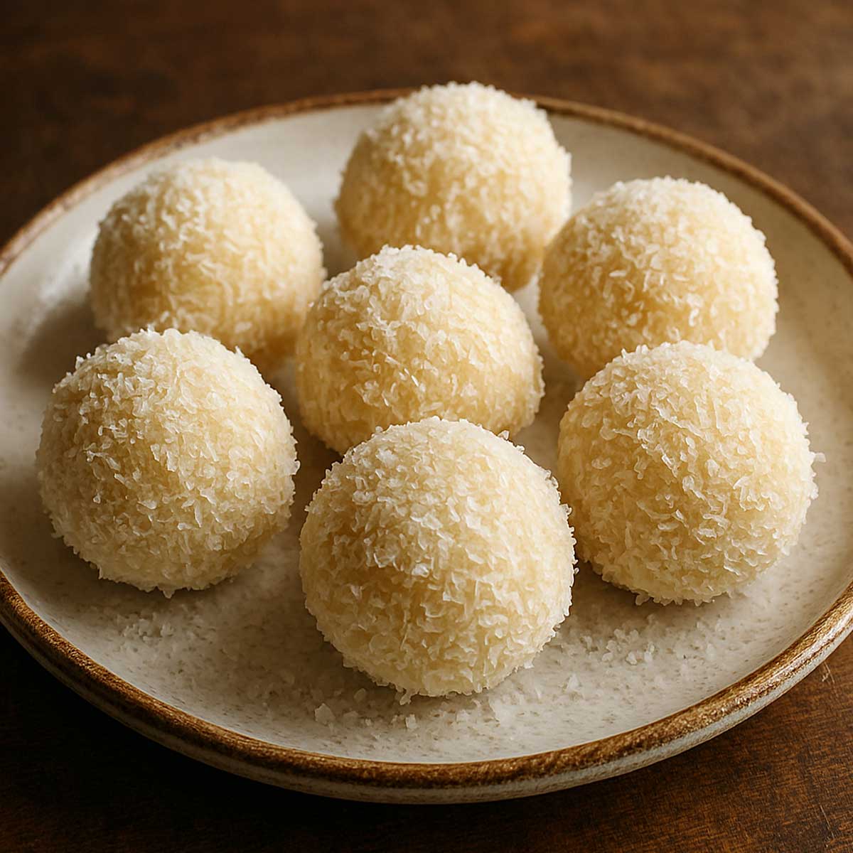 Freshly made coconut ladoos placed in a decorative plate, rolled in desiccated coconut, ready for Indian festival celebrations.