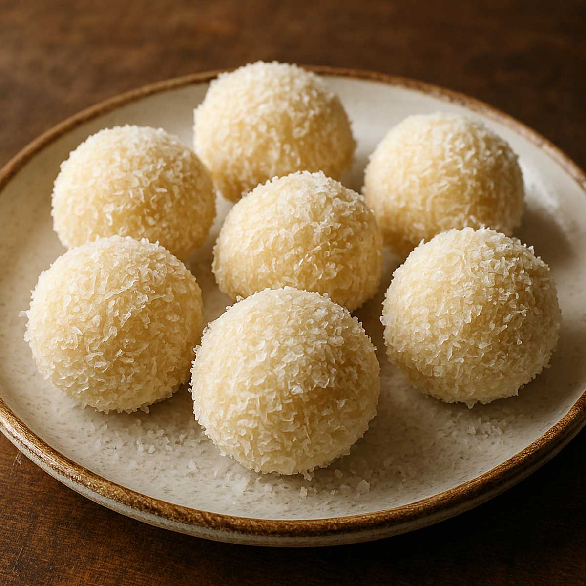 A plate of homemade coconut ladoos, soft and round, garnished with extra desiccated coconut, served on a traditional Indian dish.
