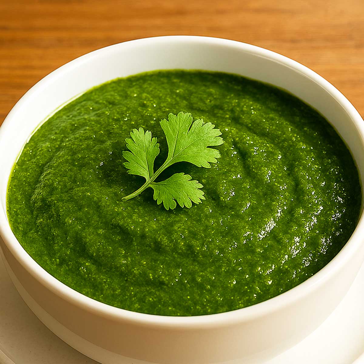 Homemade Indian coriander chutney in a ceramic bowl, spicy green chutney with mint and lemon, popular Indian dip for street food.