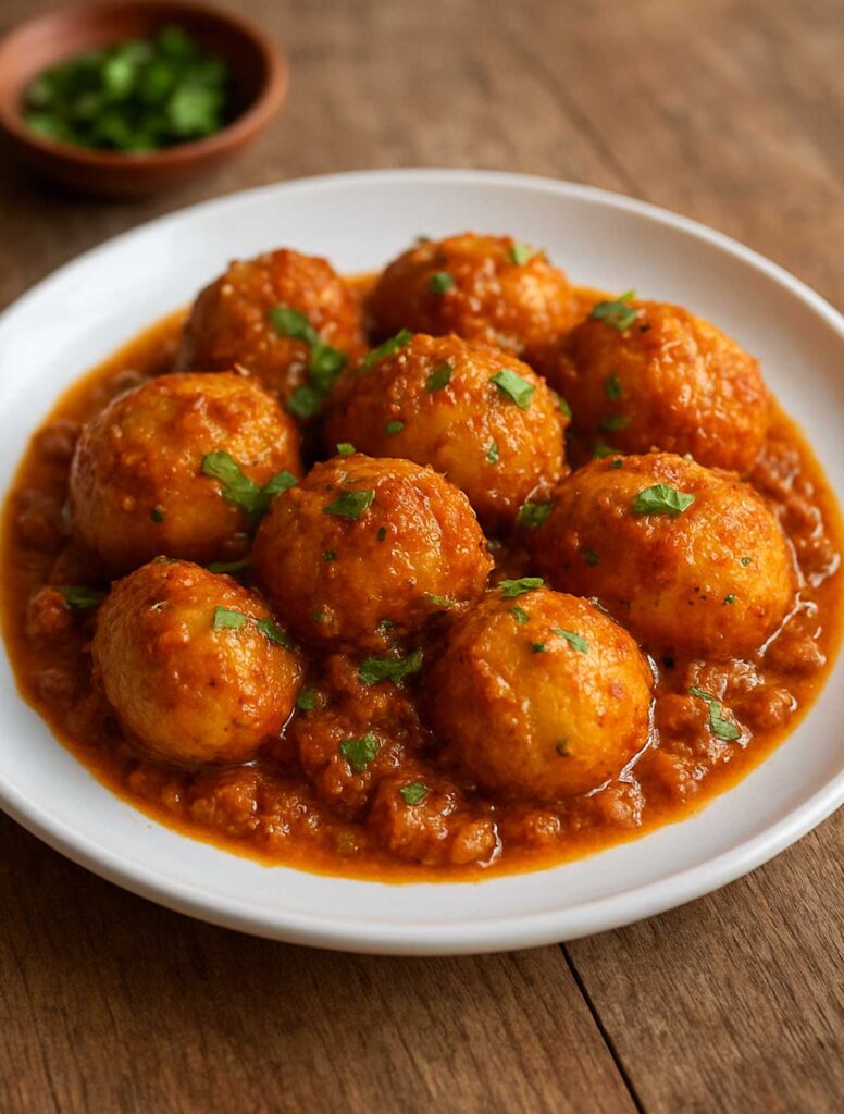 North Indian style Dum Aloo recipe plate cooked with yogurt, spices, and fresh herbs, perfect for dinner with naan or rice.