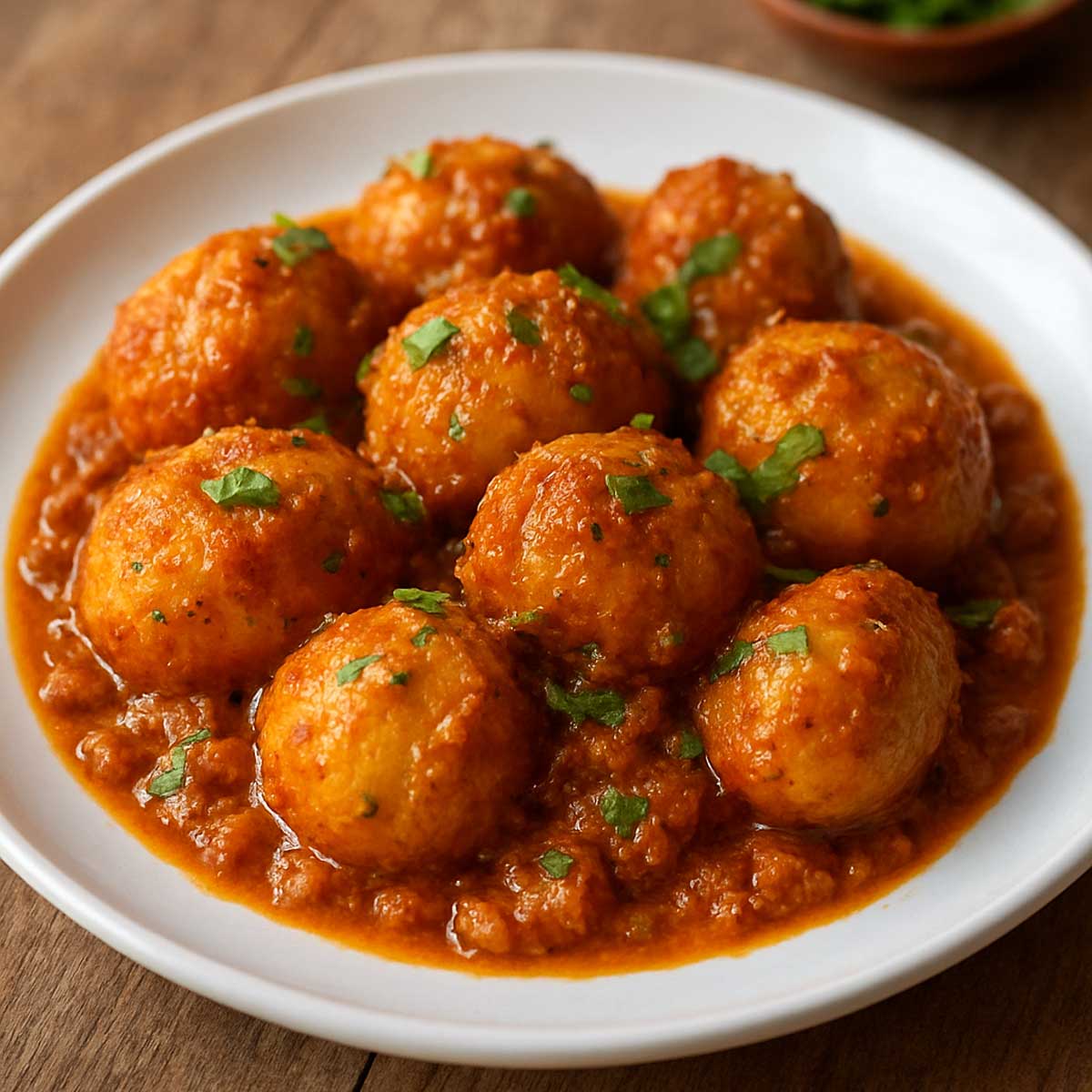 Dum Aloo curry with baby potatoes simmered in a rich tomato-onion gravy, served in a traditional bowl.
