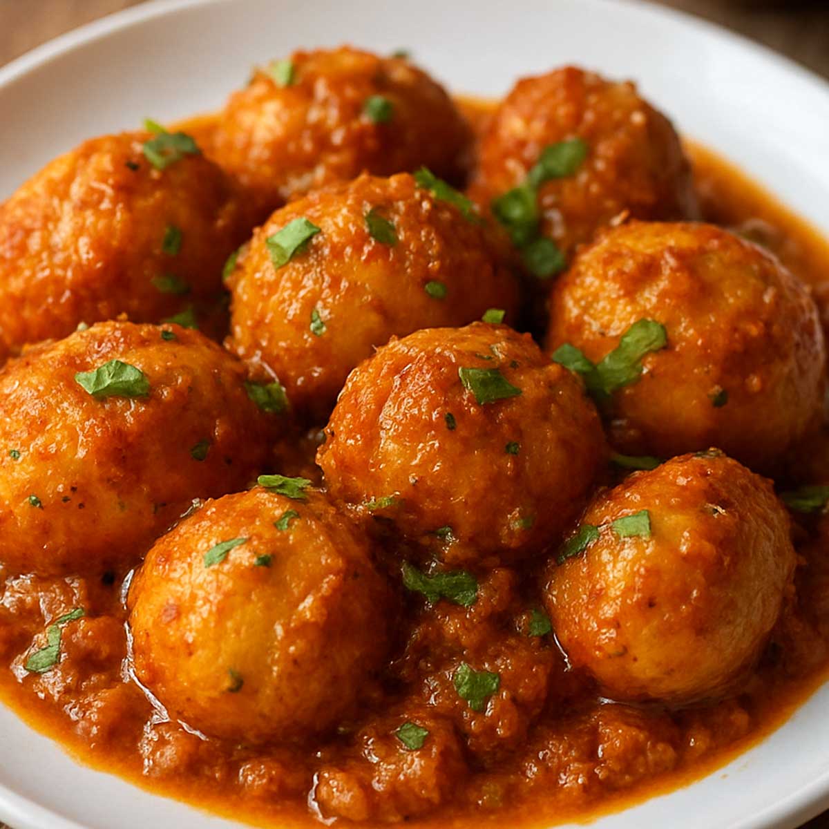 Close-up of Kashmiri Dum Aloo with potatoes in spiced tomato gravy, an Indian vegetarian comfort food recipe.