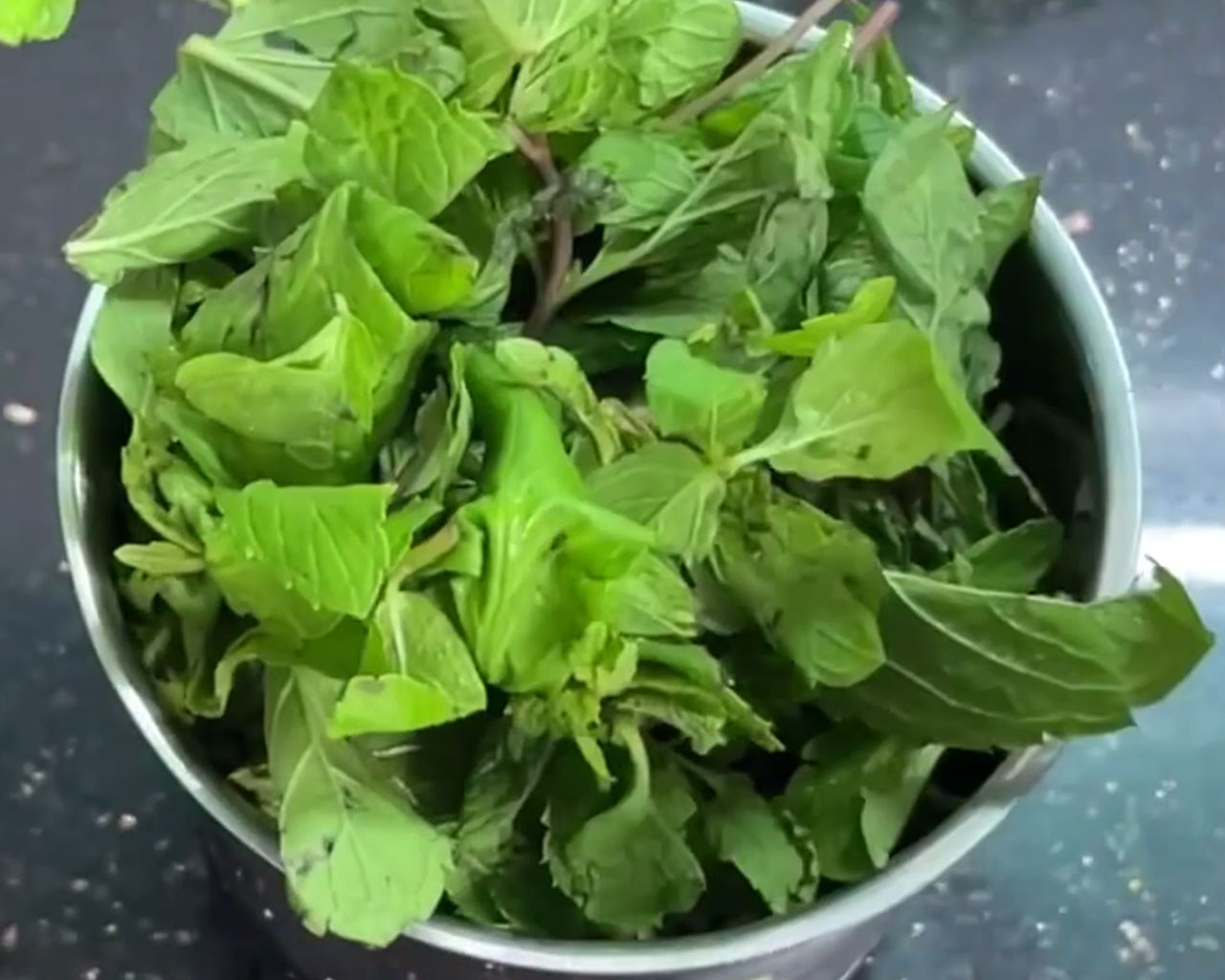 Fresh mint leaves added for pudina chutney preparation