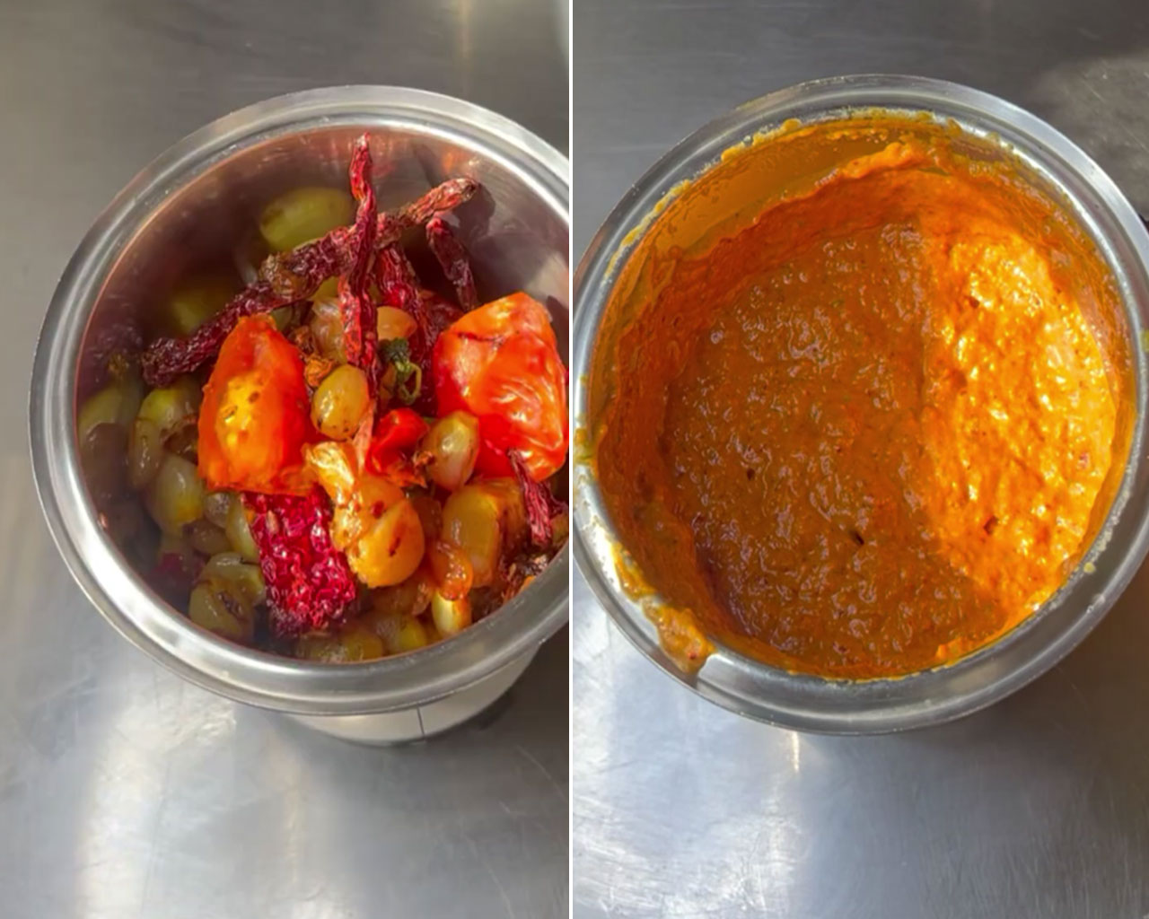 Sauteed onion, tomato, spice mix being ground into smooth chutney