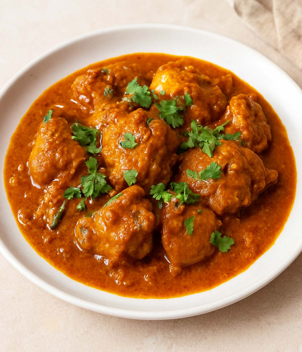 Chicken curry garnished with freshly chopped coriander leaves on a white plate, adding freshness and vibrant color to the rich Indian gravy.