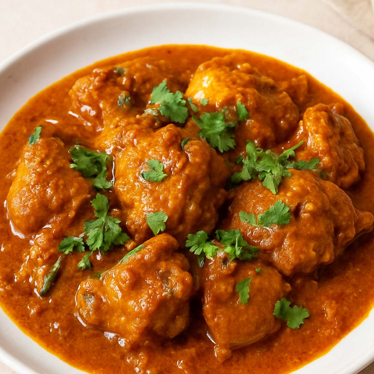 Spicy homemade chicken curry with green coriander leaves sprinkled over thick masala gravy, beautifully plated for a traditional Indian meal.
