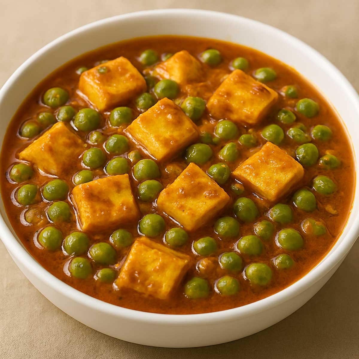 Restaurant-style matar paneer with paneer cubes and peas in spicy tomato gravy.