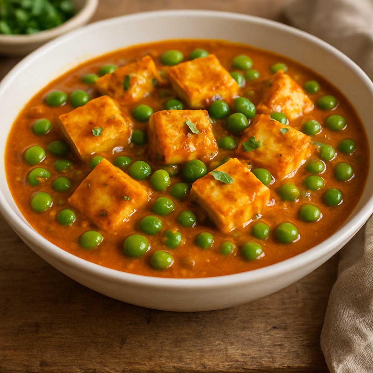 Close-up of matar paneer in a rich onion-tomato sauce with green peas served in a bowl, garnished with coriander and paired with roti.