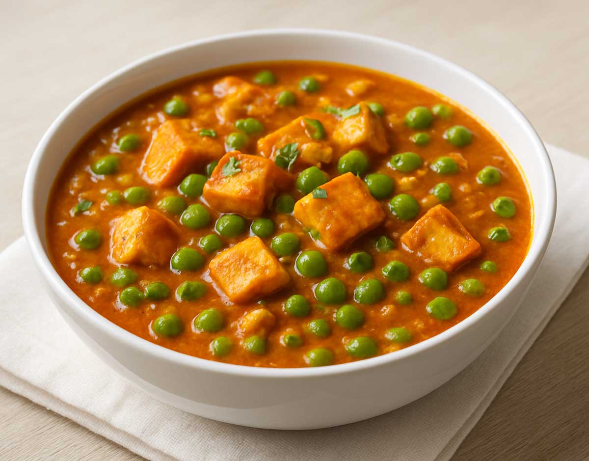 Restaurant-style matar paneer with paneer cubes and peas in spicy tomato gravy
