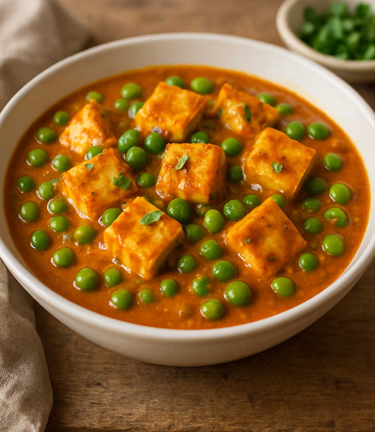 Punjabi matar Matar paneer curry served in a white bowl with fresh coriander garnish and green peas.