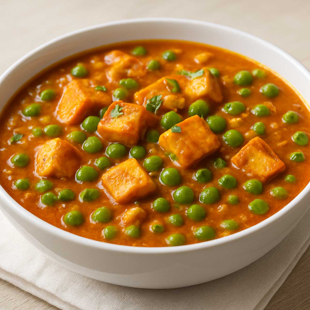 Close-up of matar paneer in a rich gravy with green peas served in a bowl, garnished with coriander.