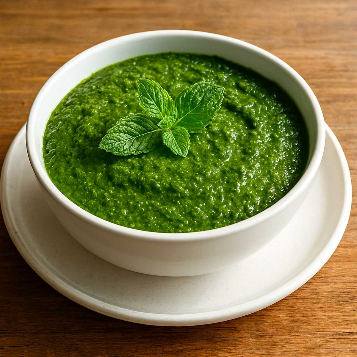 Fresh homemade pudina chutney (Indian mint chutney) served in a small bowl, perfect for samosa, pakora, dosa, or Indian snacks.