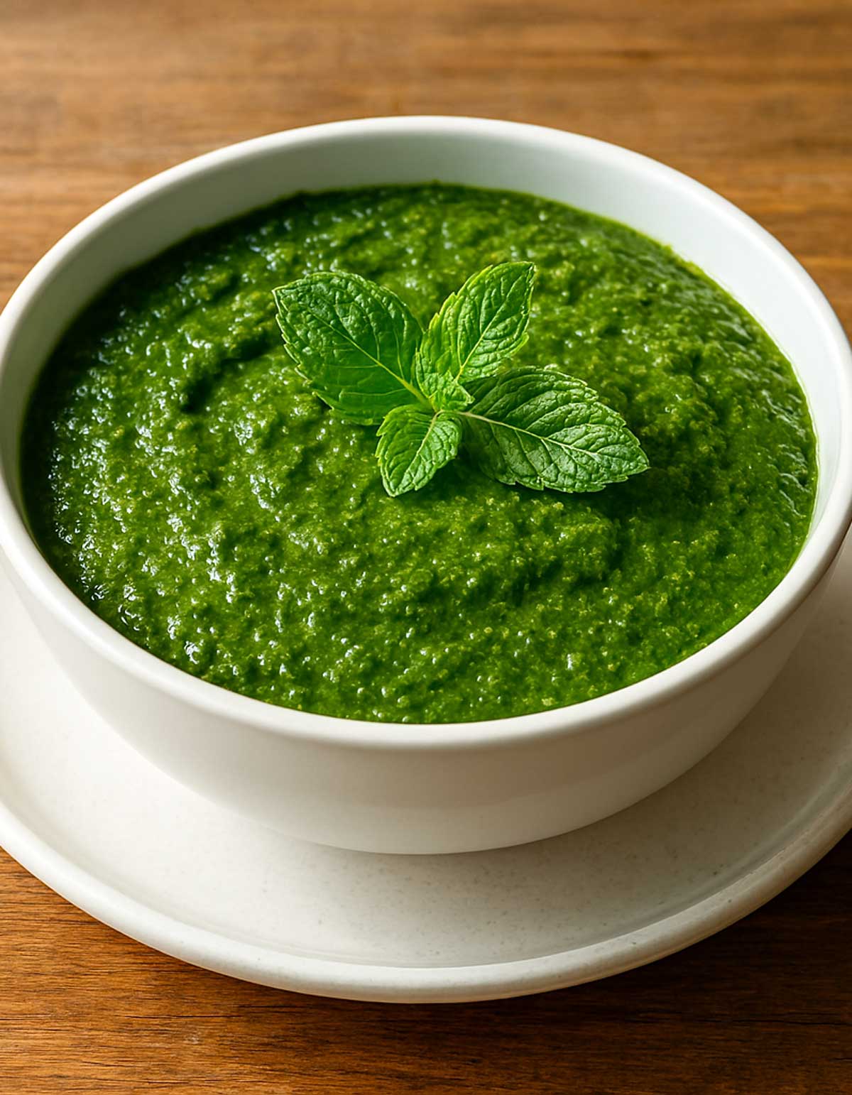 Green pudina chutney with mint, coriander, and spices, a popular Indian dipping sauce served with street food and appetizers.