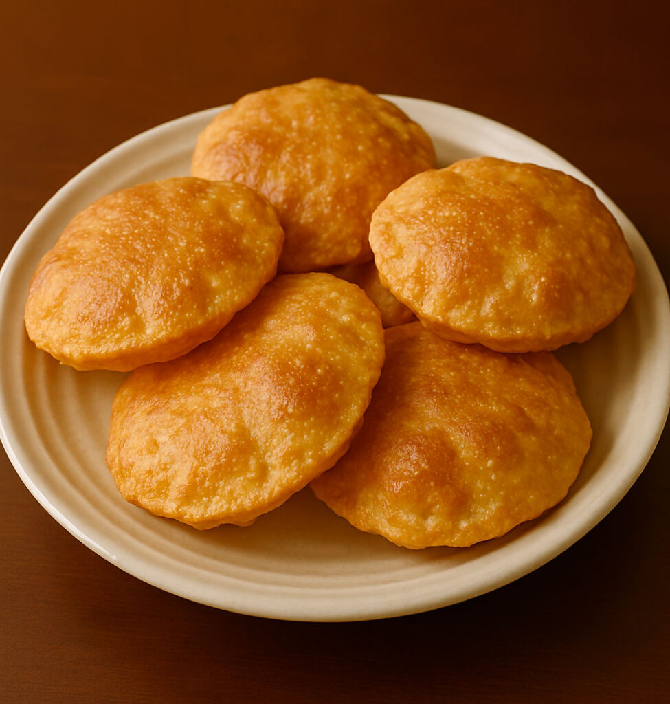 Golden fried poori bread stacked on a plate, a popular Indian festive food.