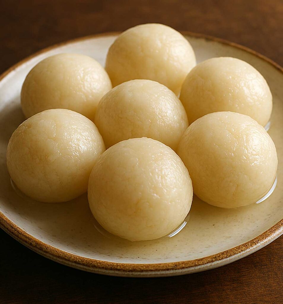 Fresh homemade Rasgulla dessert, spongy Indian milk sweet in light sugar syrup, perfect festive mithai.
