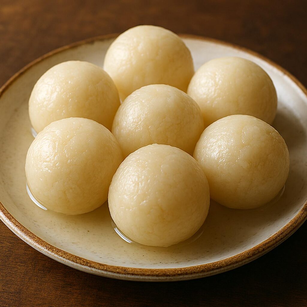 Authentic Indian Rasgulla mithai prepared with cottage cheese, cardamom, and sugar syrup, styled in dessert bowl.