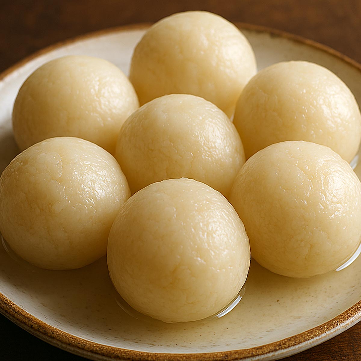 Soft and juicy Rasgulla sweets made with soft chenna balls soaked in sugar syrup, served in a white bowl