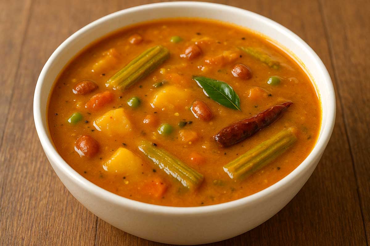Colorful South Indian sambar with mashed dal and sautéed vegetables in a deep bowl, garnished with curry leaves and red chilies, served as part of a wholesome Indian breakfast or lunch.