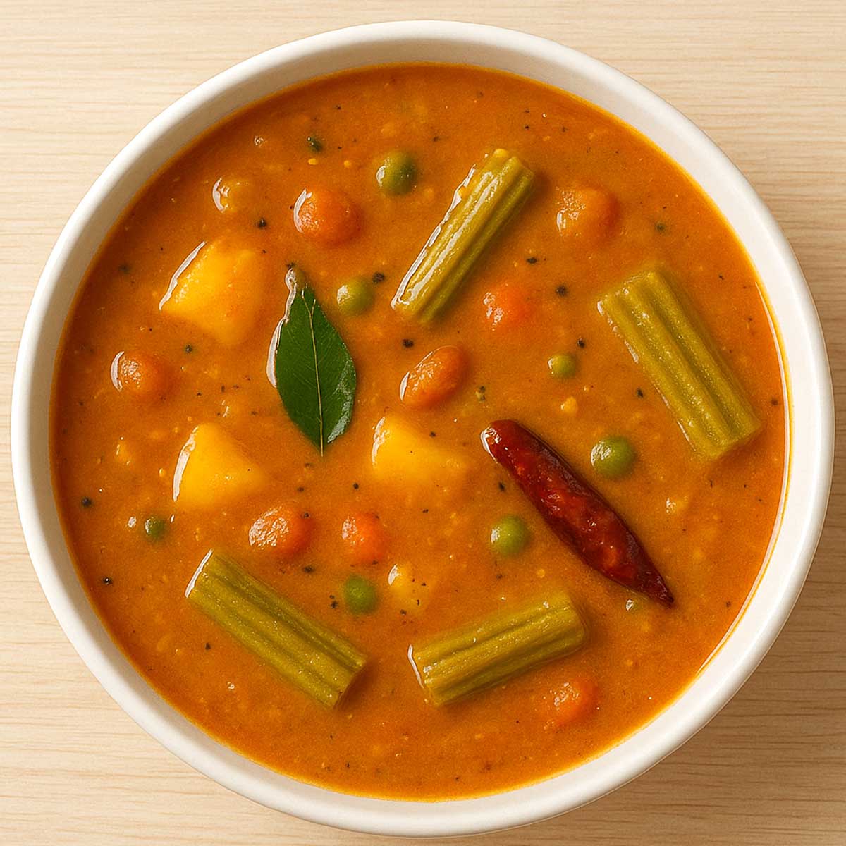 Authentic South Indian sambar served in a white bowl with colorful vegetables like brinjal, carrot, pumpkin, and beans, garnished with fresh curry leaves, perfect for pairing with idli or dosa.