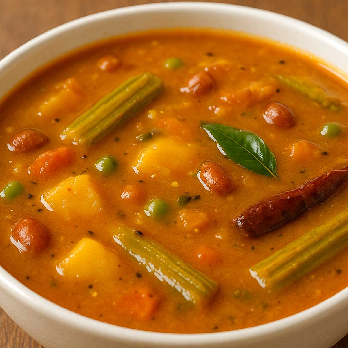 Vegetable sambar made from split pigeon peas, cooked with turmeric, sambar powder, and tamarind, served in a bowl, traditional Indian cuisine.