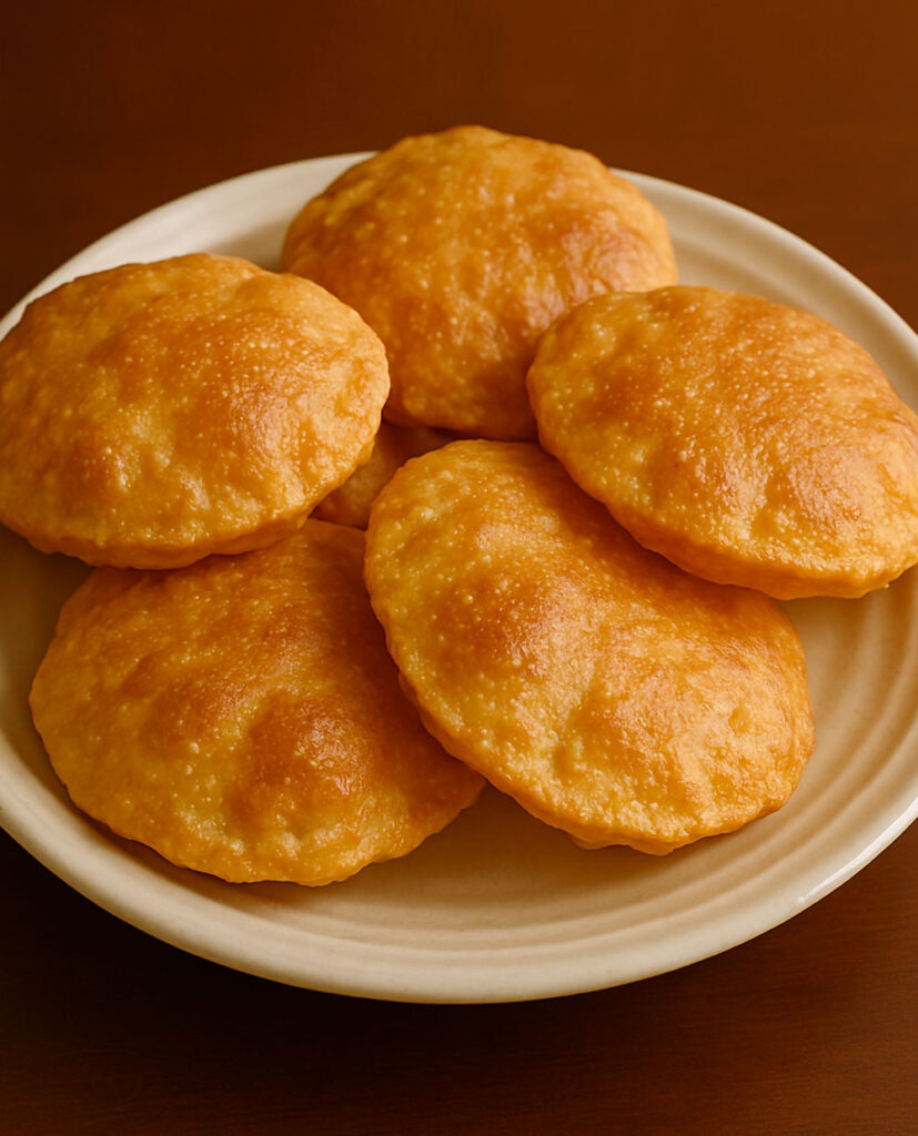 Crispy golden poori served on a plate.