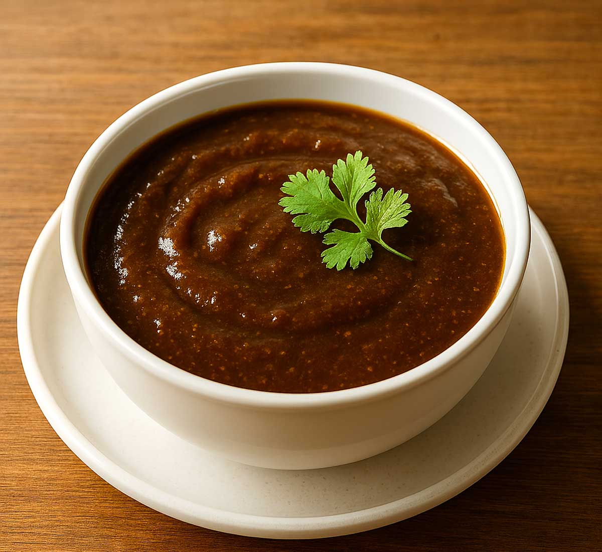 Classic tamarind sauce (imli chutney) in a small bowl on a wooden table, delicious condiment for Indian curries and fried snacks.