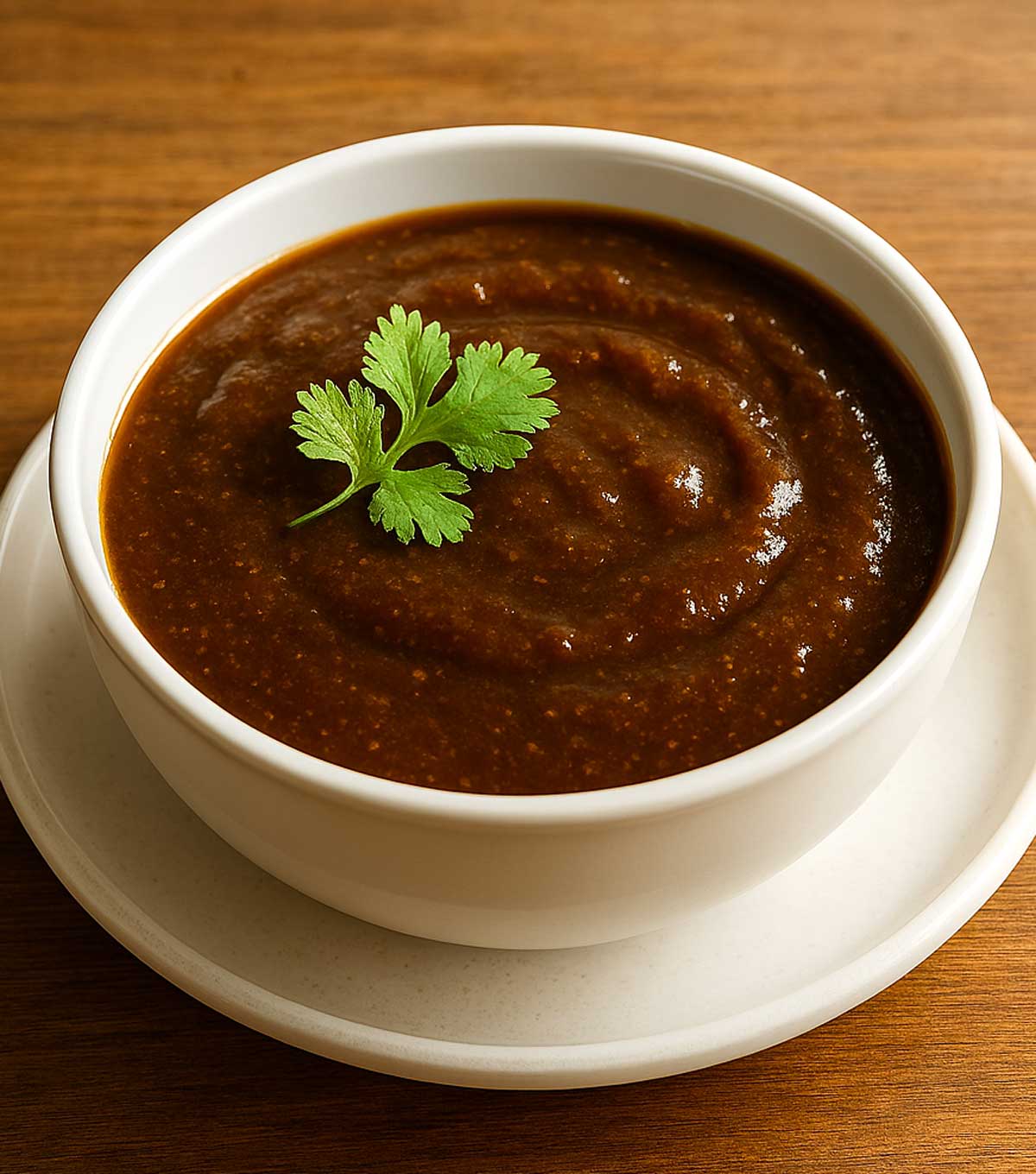 Sweet and tangy tamarind chutney (imli chutney) served in a small white bowl, perfect dip for samosa, pakora, chaat, and Indian snacks.