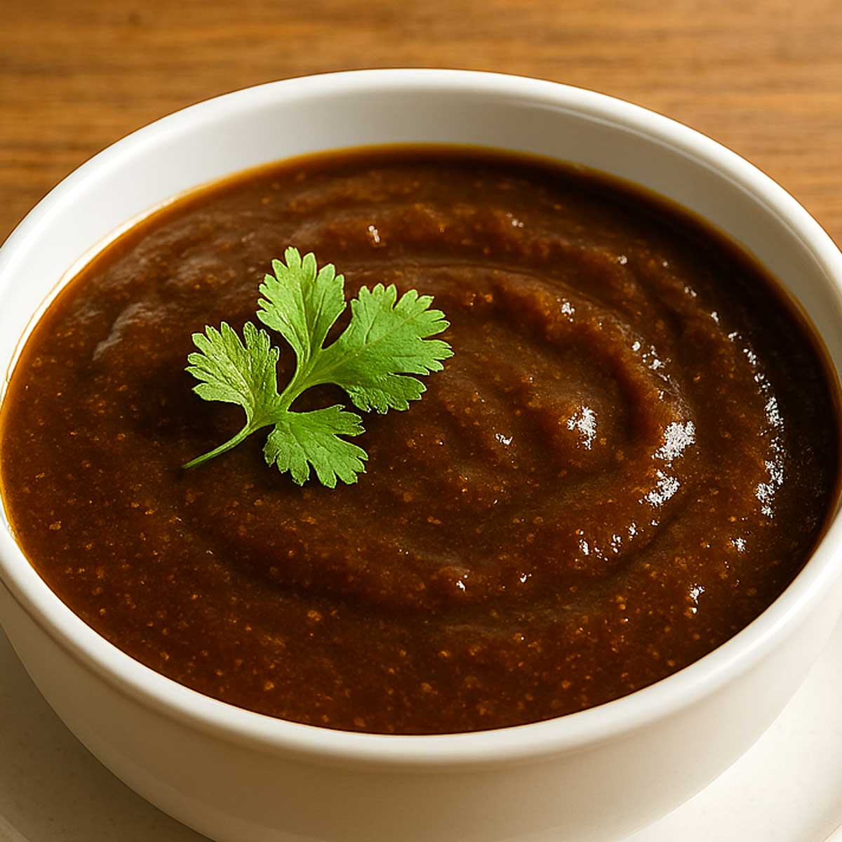 Fresh tamarind dip in a white serving bowl, sweet and sour flavor, popular Indian chutney recipe for appetizers and finger foods.