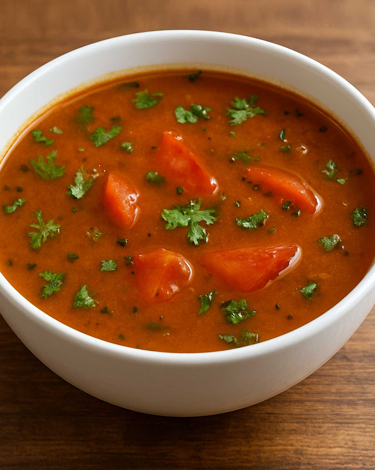 South Indian spiced rasam in a bowl, garnished with fresh coriander, ideal to serve with steamed rice, classic rasam recipe for authentic South Indian thali.