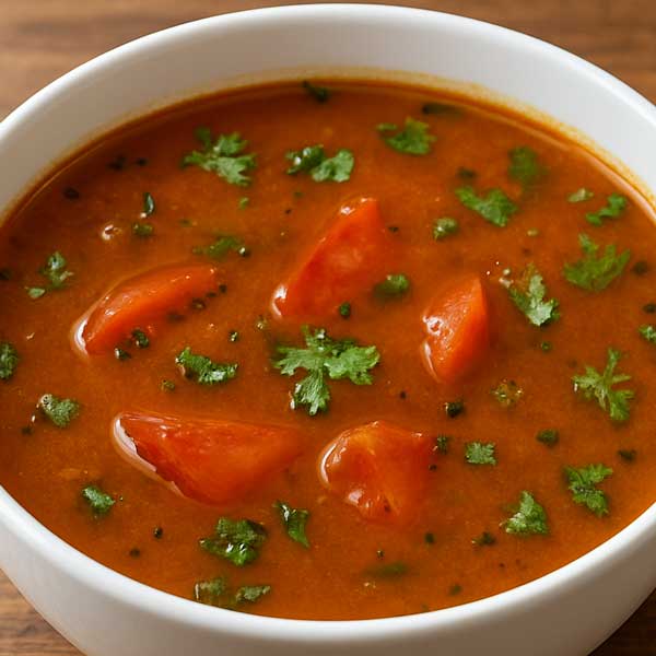 South Indian rasam with tamarind, garlic, and black pepper, served hot in a bowl.