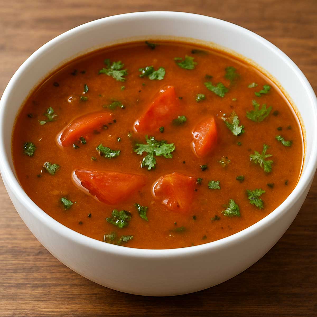 Authentic South Indian rasam with tamarind, garlic, and black pepper, served hot in a bowl, light and comforting South Indian soup for dinner or lunch.