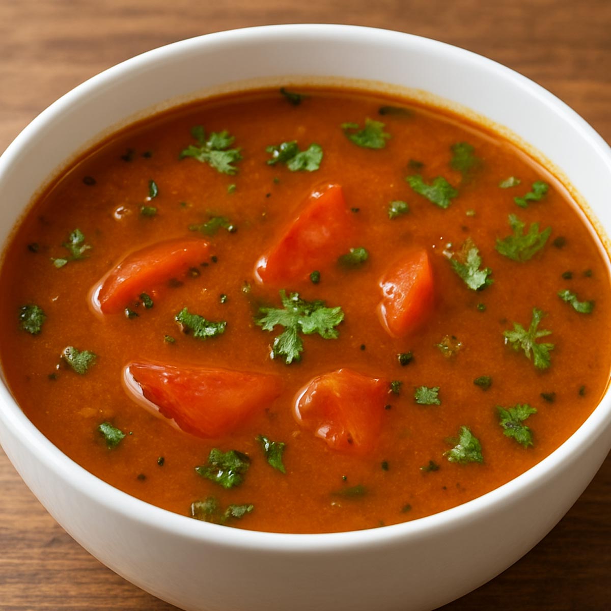 South Indian rasam soup in a bowl with curry leaves and aromatic spices, authentic tomato rasam recipe from South India.