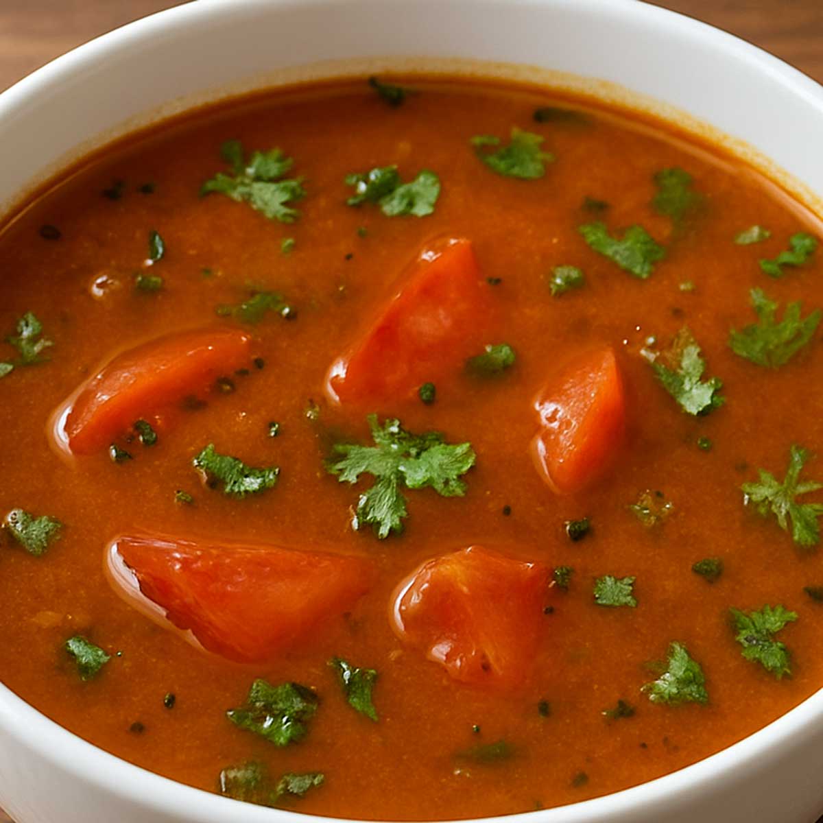 South Indian rasam soup in a bowl with curry leaves and aromatic spices, ready to enjoy with rice, authentic tomato rasam recipe from South India.