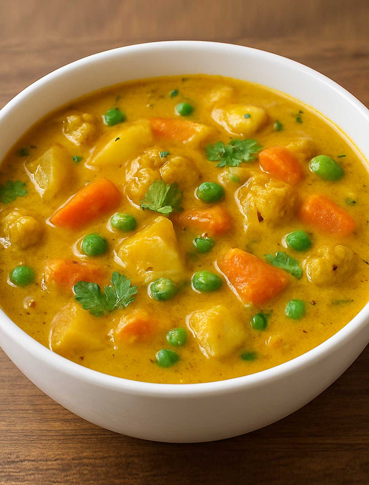 Authentic South Indian veg kurma served in a white bowl with creamy coconut gravy and mixed vegetables like potato, carrot, and beans, garnished with fresh coriander leaves.
