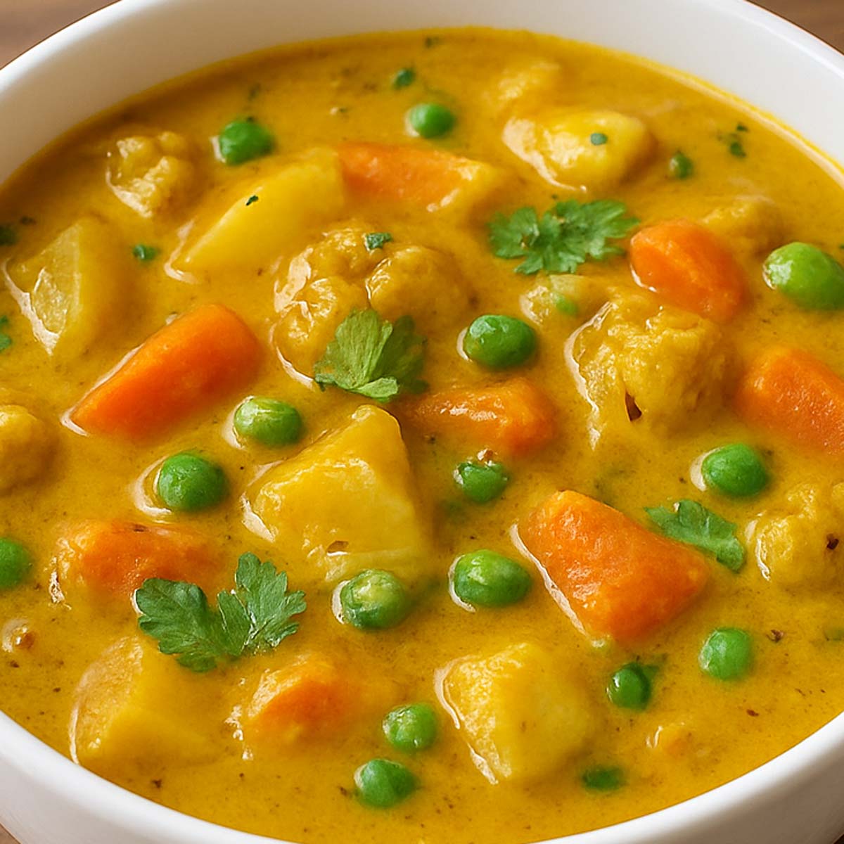 Close-up shot of creamy South Indian kurma with fresh coconut gravy and seasonal mixed vegetables, garnished with coriander, perfect as a side dish.