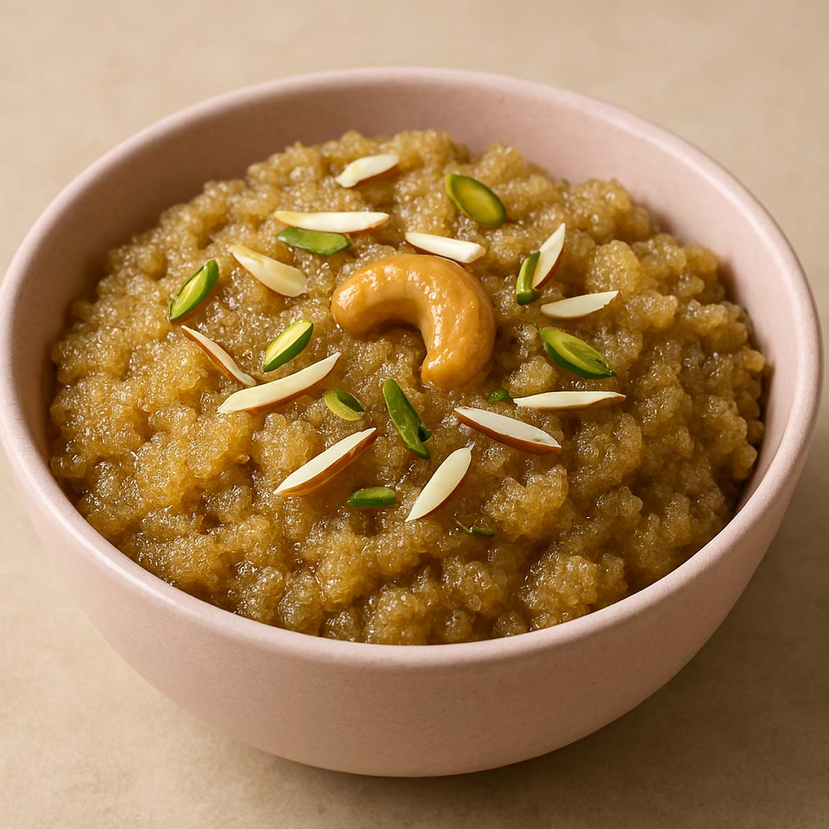 Traditional Indian suji halwa dessert made with semolina, ghee, and sugar, garnished with cashews and raisins.