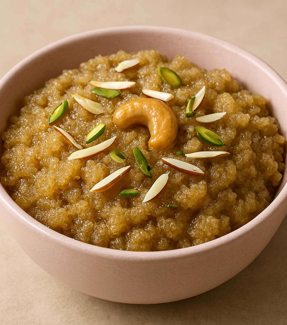 Authentic Indian sooji halwa sweet Indian dessert dish prepared with semolina
