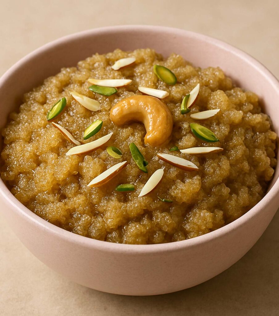 Authentic Indian sooji halwa sweet dish prepared with milk, sugar, and nuts, topped with dry fruits.
