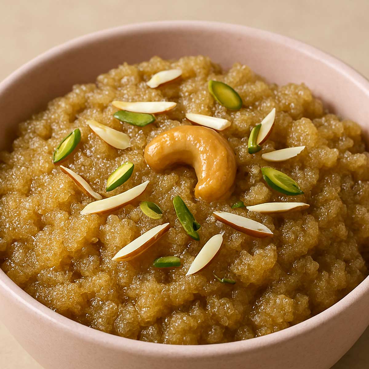 Warm semolina halwa cooked in ghee and cardamom, topped with dry fruits and served fresh.