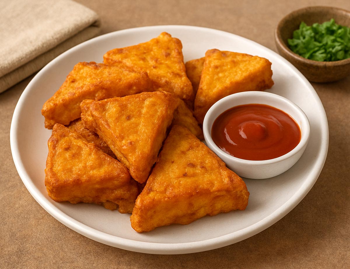 Crispy deep-fried bread pakoras with red chutney on a serving plate.