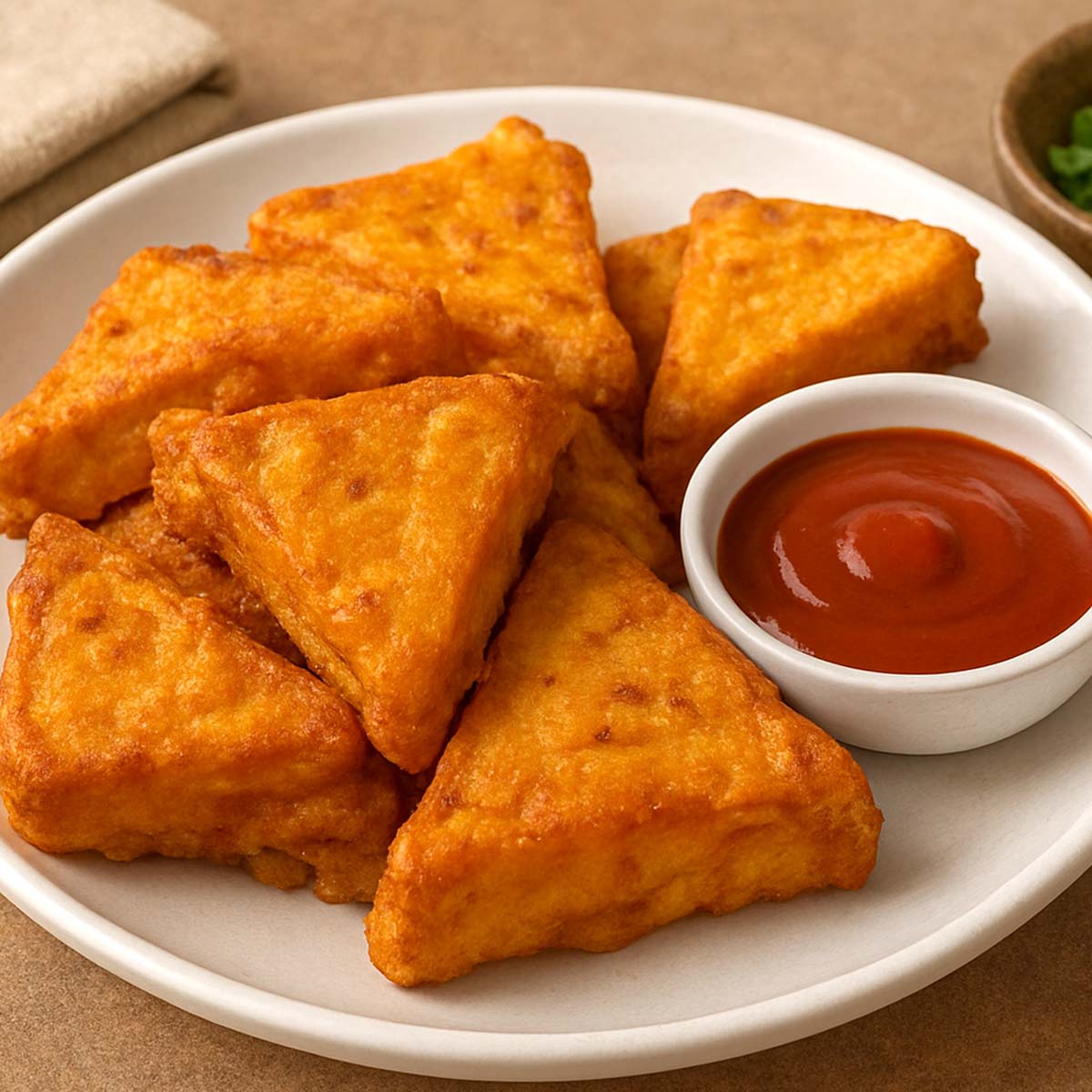 Indian snack bread pakora with spicy potato filling served alongside ketchup.