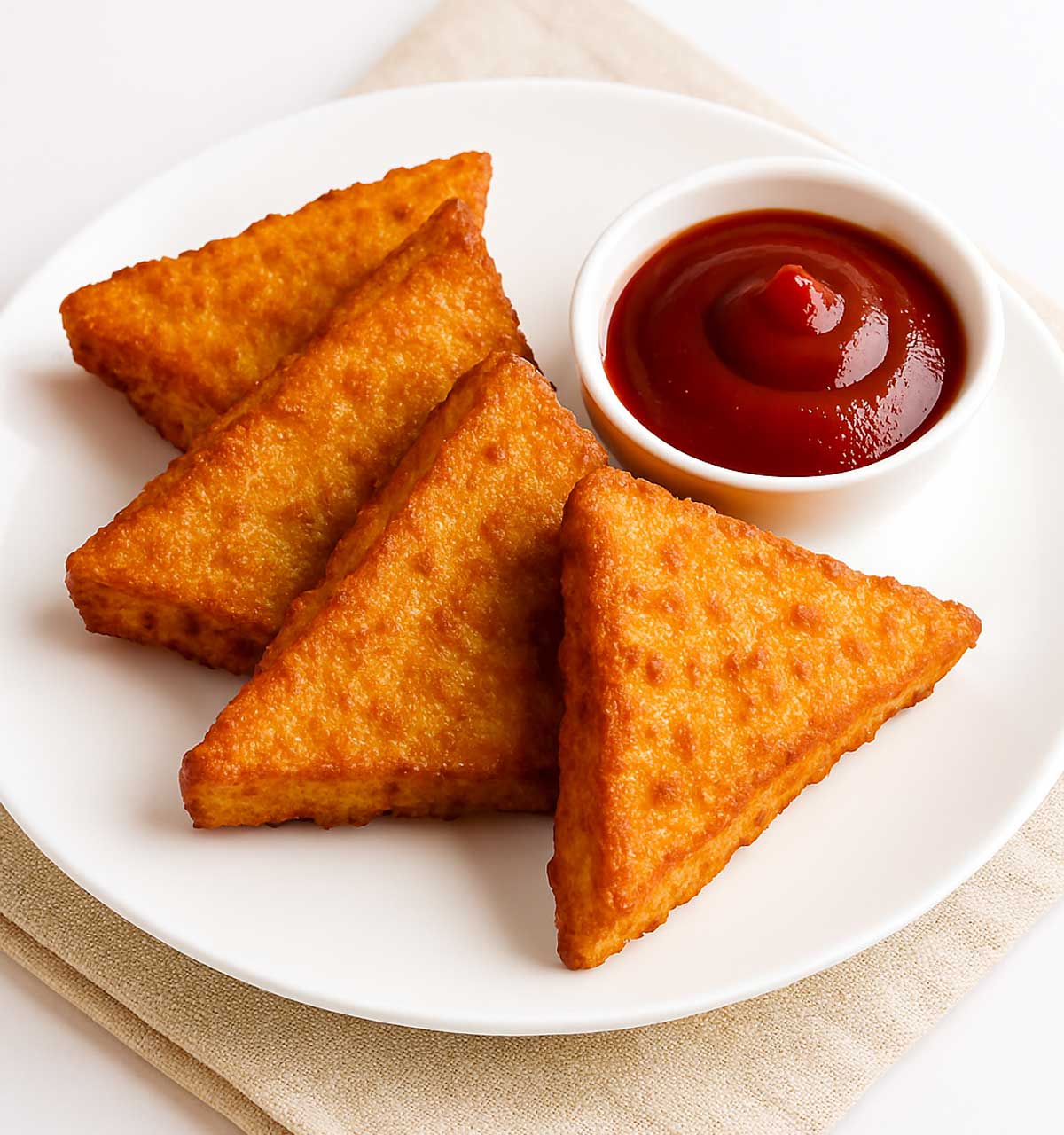Crispy deep-fried bread pakoras with red chutney on a plate