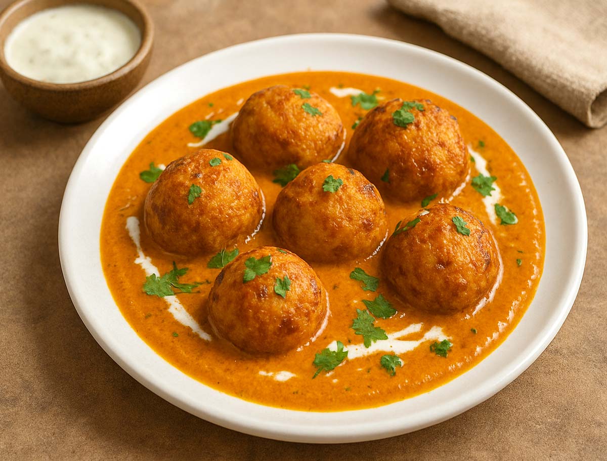 Malai Kofta with soft paneer and potato balls in thick creamy tomato-based gravy, served on a traditional Indian platter for dinner.