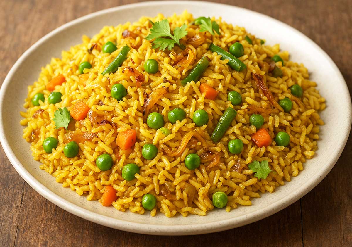 Fragrant colorful basmati rice masala pulao with vegetables, onions, and green chilies, served on a white plate as a wholesome Indian meal.