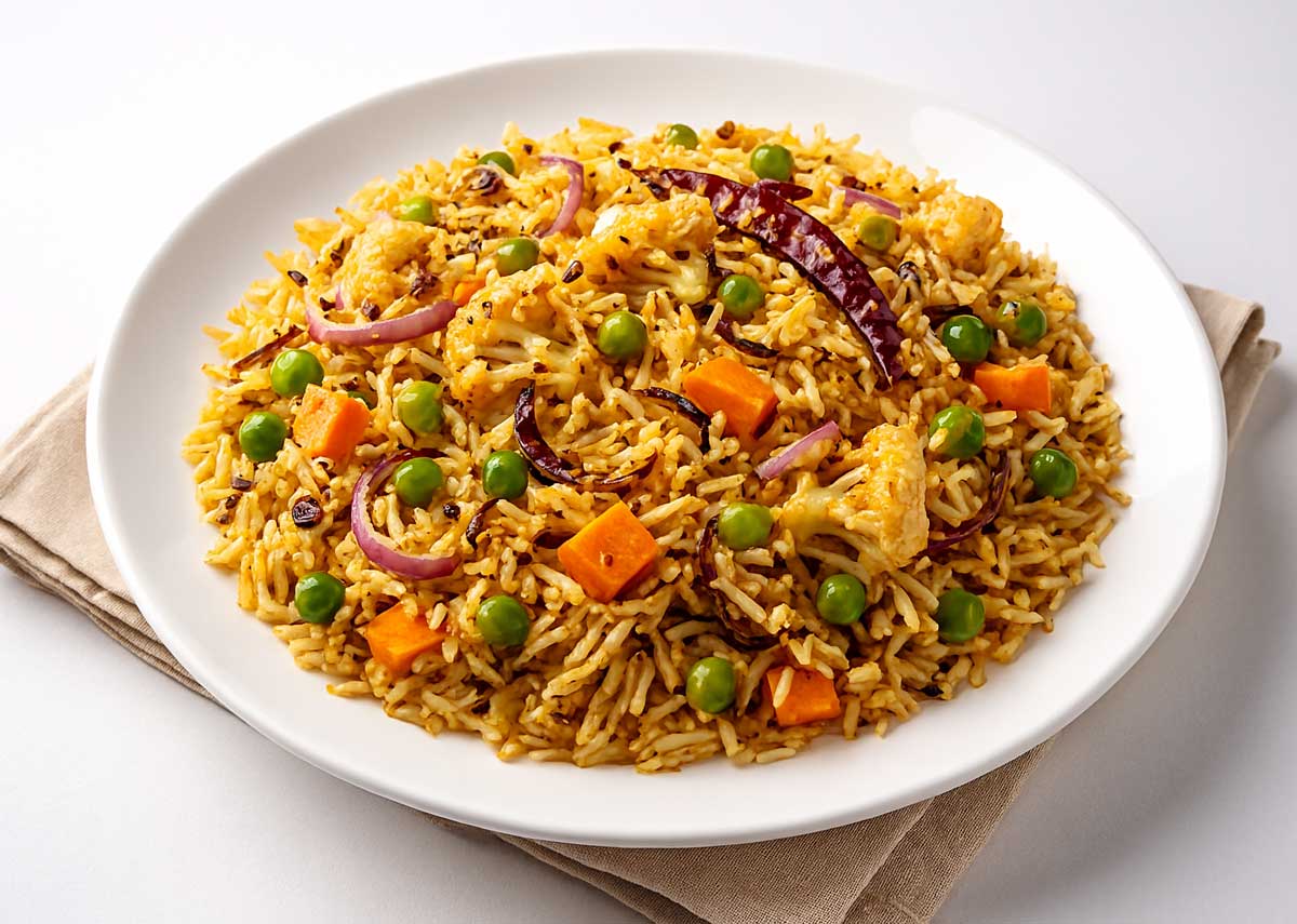 Basmati rice masala pulao with vegetables, onions, and green chilies, served on a white plate as a wholesome Indian meal.