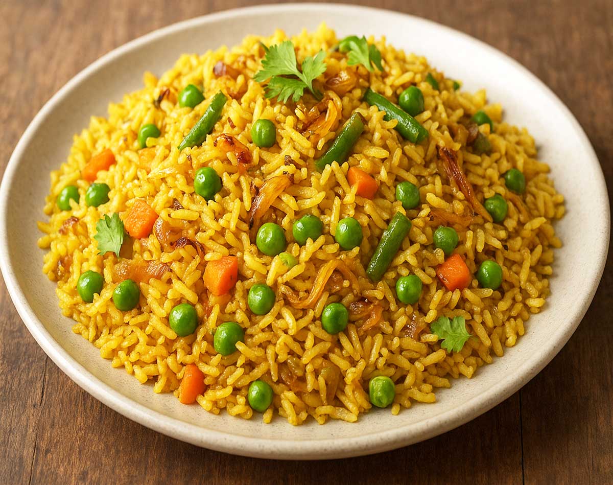 Indian masala pulao on a white plate with fluffy basmati rice, carrots, beans, potatoes, and aromatic Indian spices.