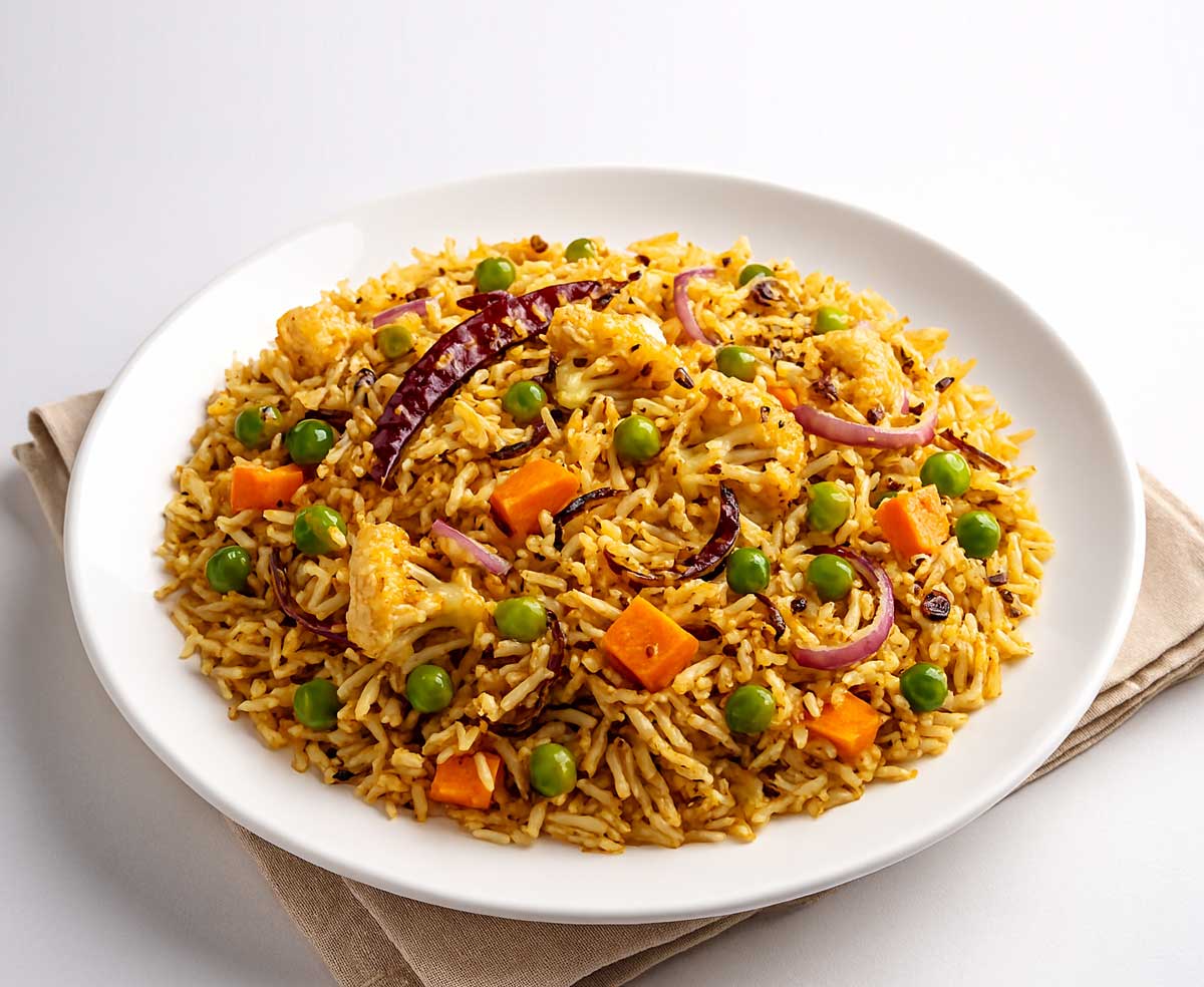 Indian masala pulao on a white plate with fluffy basmati rice, carrots, beans, potatoes, and aromatic Indian spices.